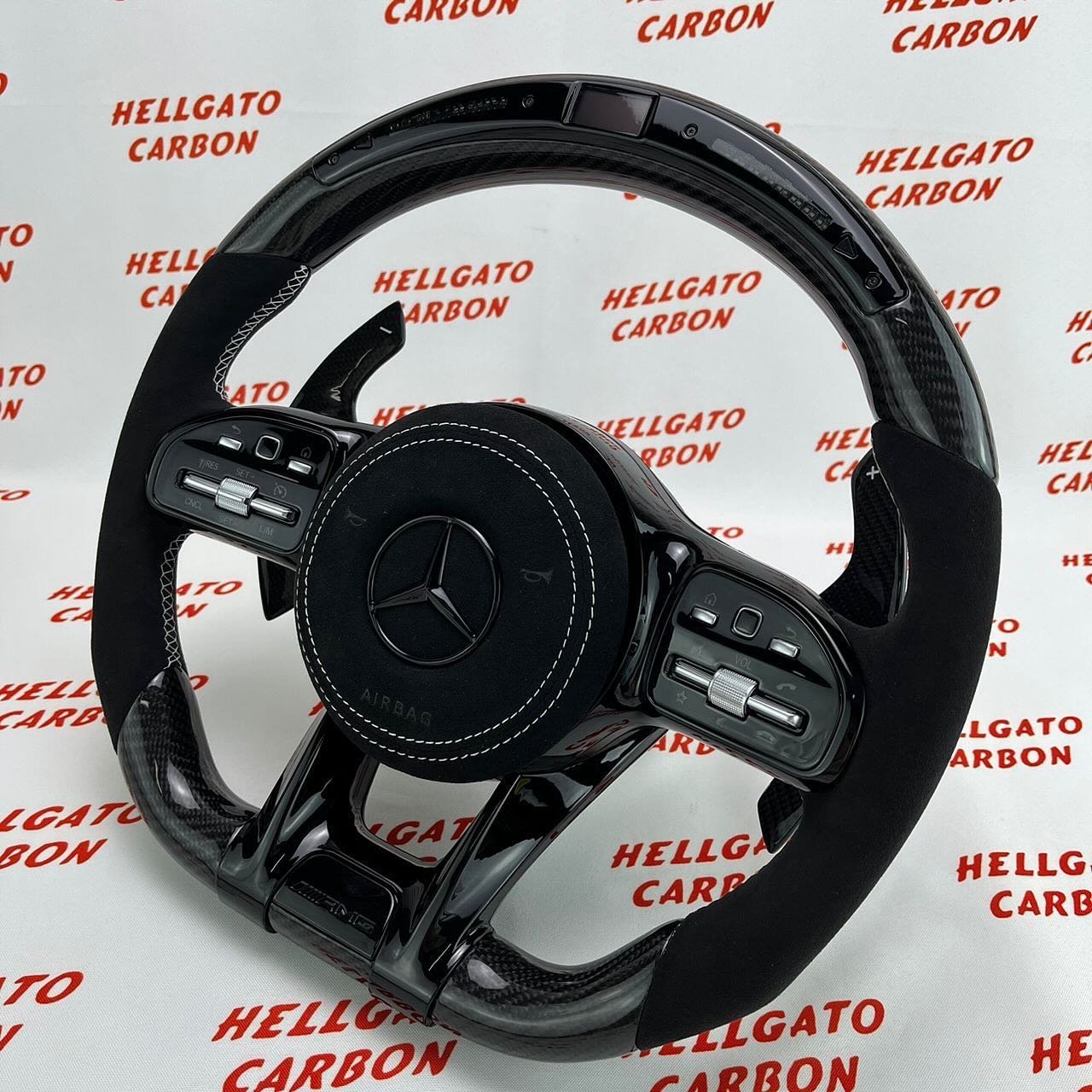 Custom 2020 Mercedes-Benz C63 AMG Steering Wheel – Gloss Black Carbon Fiber | Flat Bottom | LED Shift Lights | Alcantara - Image 3
