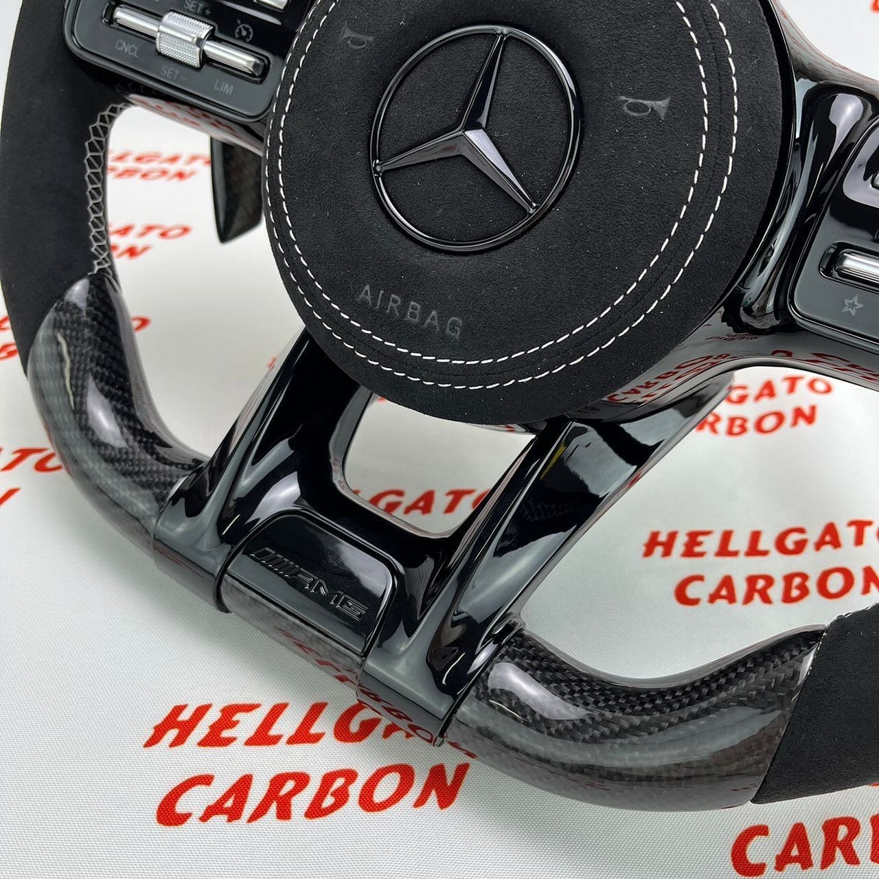 Custom 2020 Mercedes-Benz C63 AMG Steering Wheel – Gloss Black Carbon Fiber | Flat Bottom | LED Shift Lights | Alcantara - Image 5