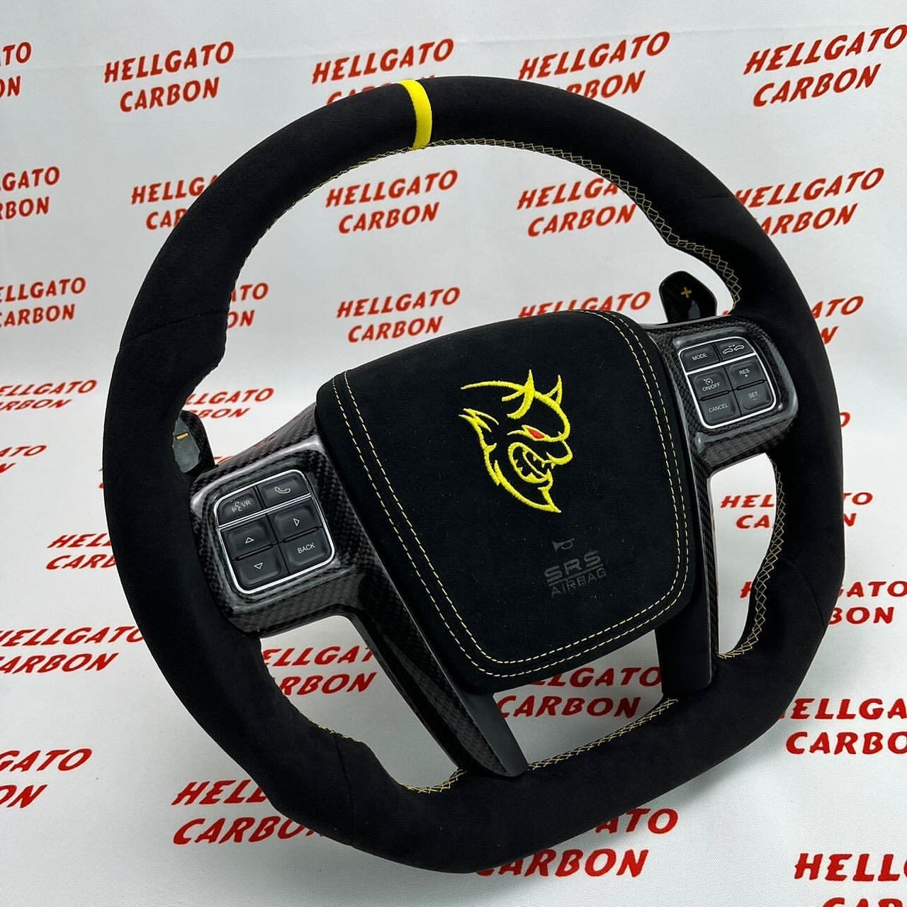Custom 2011–2014 Chrysler 300 OEM Steering Wheel – Flat Bottom | Black Italian Alcantara | Carbon Fiber | SRT Paddle Shifters - Image 3
