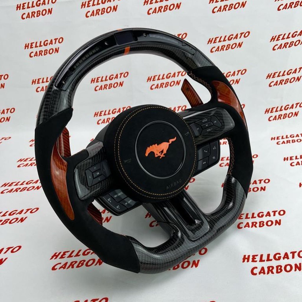 Full Custom 2016 Mustang OEM Carbon Fiber Steering Wheel – Orange Edition - Image 2