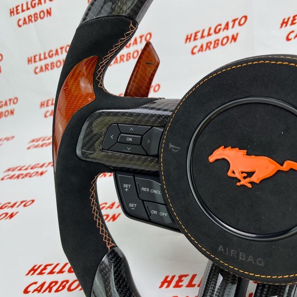 Full Custom 2016 Mustang OEM Carbon Fiber Steering Wheel – Orange Edition - Image 3