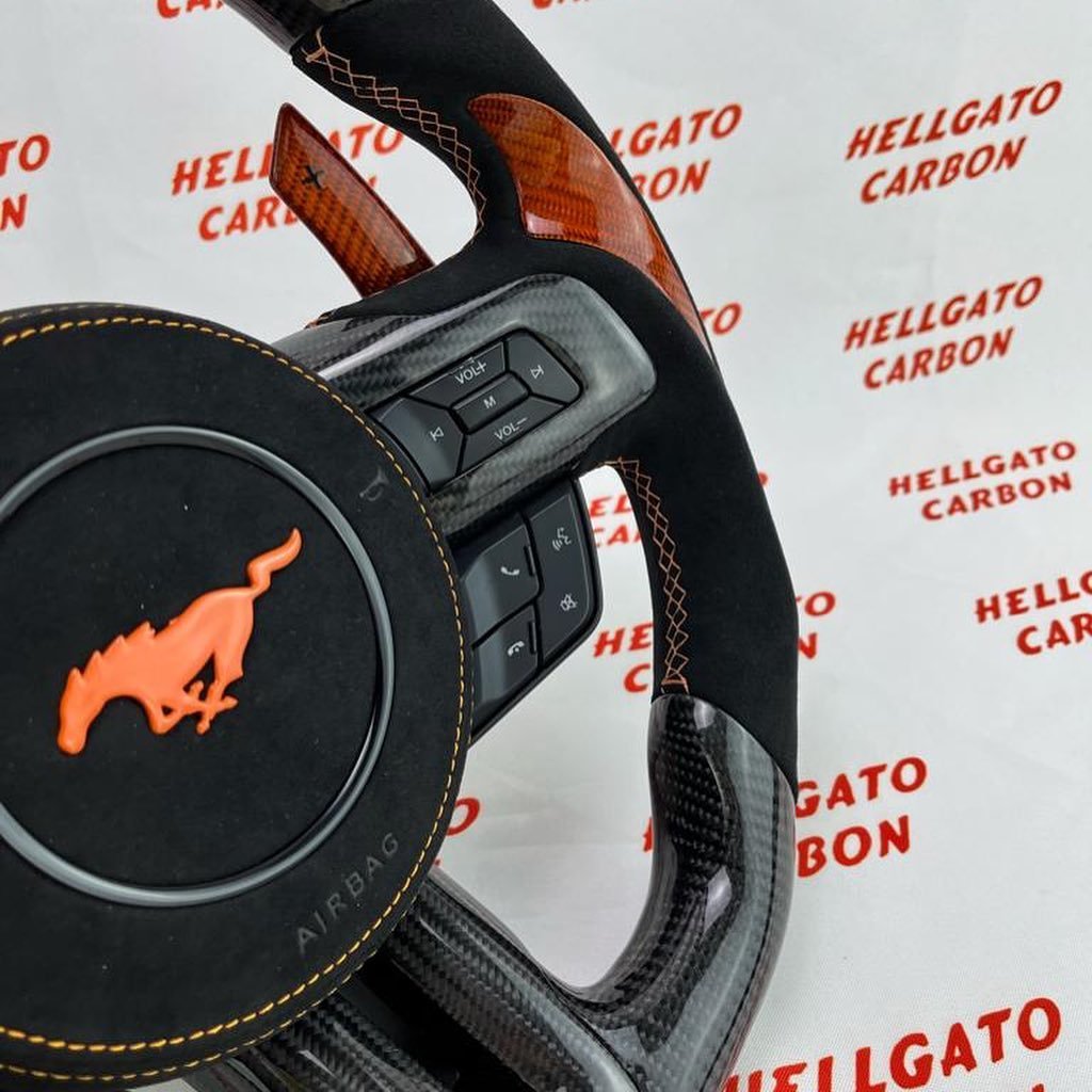 Full Custom 2016 Mustang OEM Carbon Fiber Steering Wheel – Orange Edition - Image 6