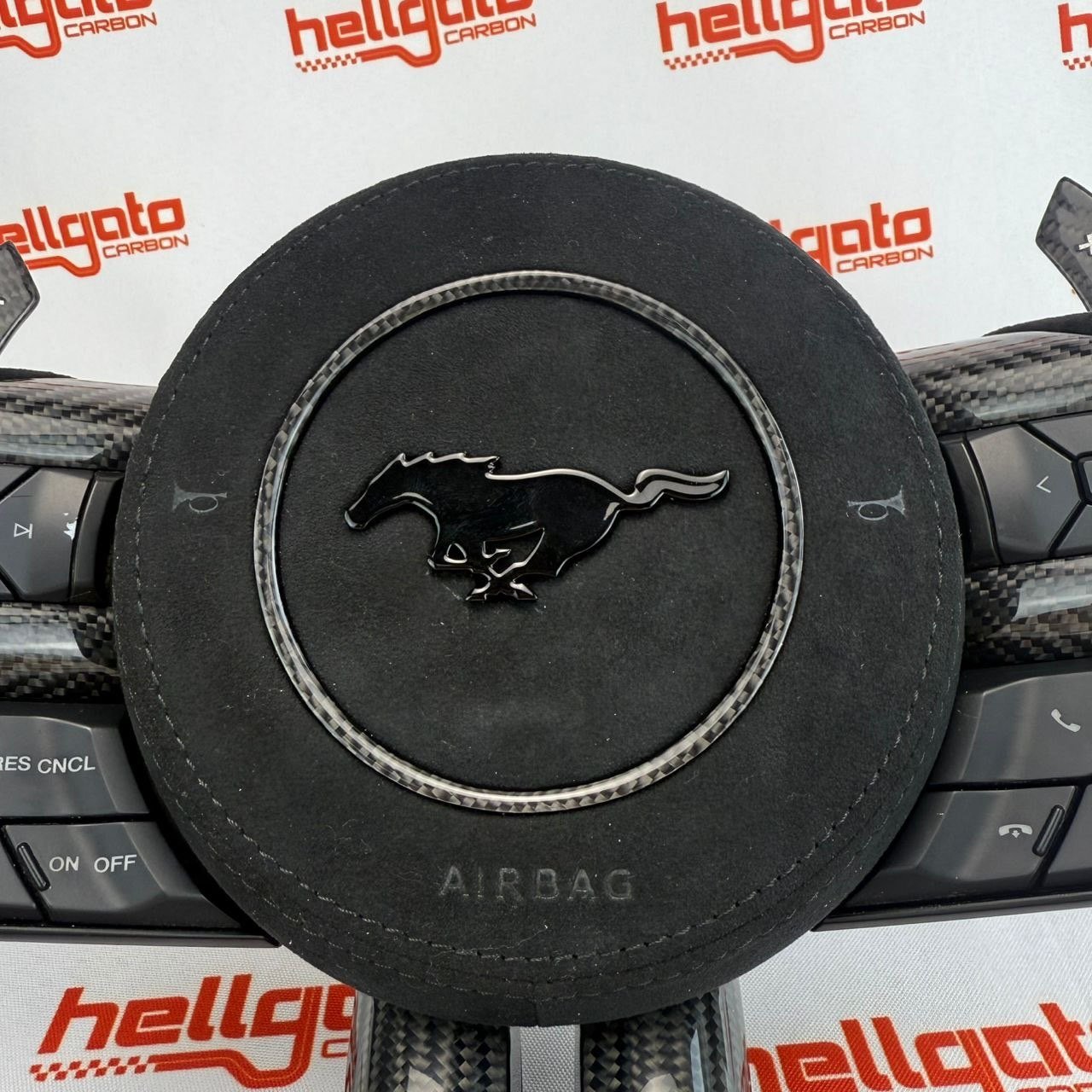 Custom 2018–2023 Mustang OEM Gloss Black Carbon Steering Wheel – White Edition - Image 3