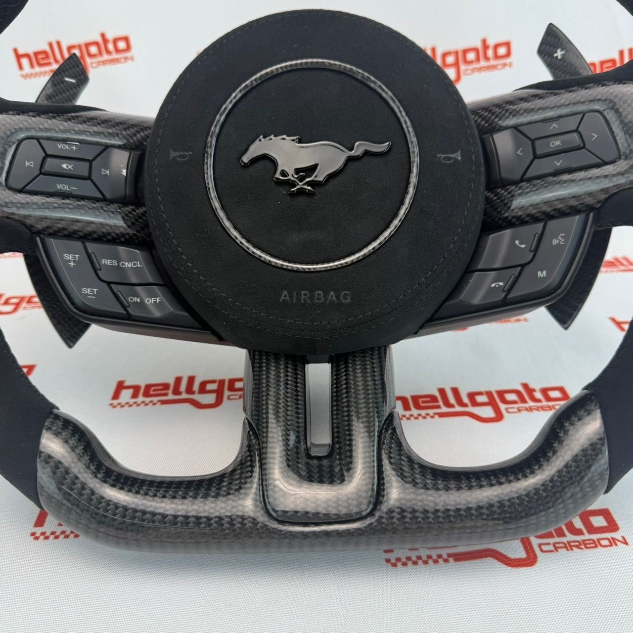 Custom 2018–2023 Mustang OEM Gloss Black Carbon Steering Wheel – White Edition - Image 4