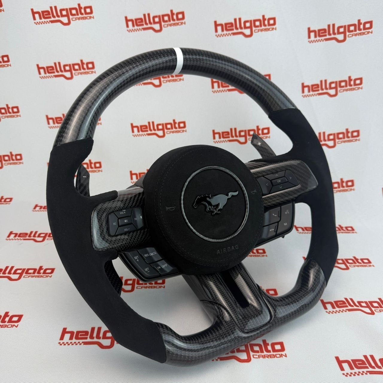 Custom 2018–2023 Mustang OEM Gloss Black Carbon Steering Wheel – White Edition - Image 5