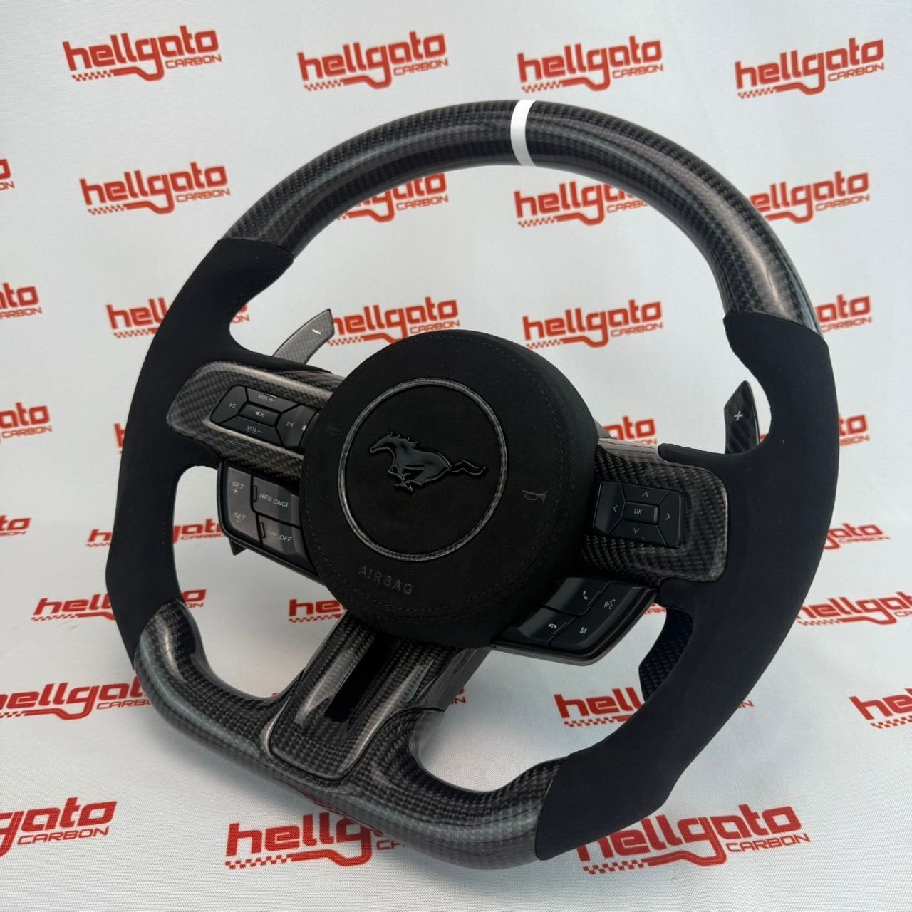 Custom 2018–2023 Mustang OEM Gloss Black Carbon Steering Wheel – White Edition - Image 8