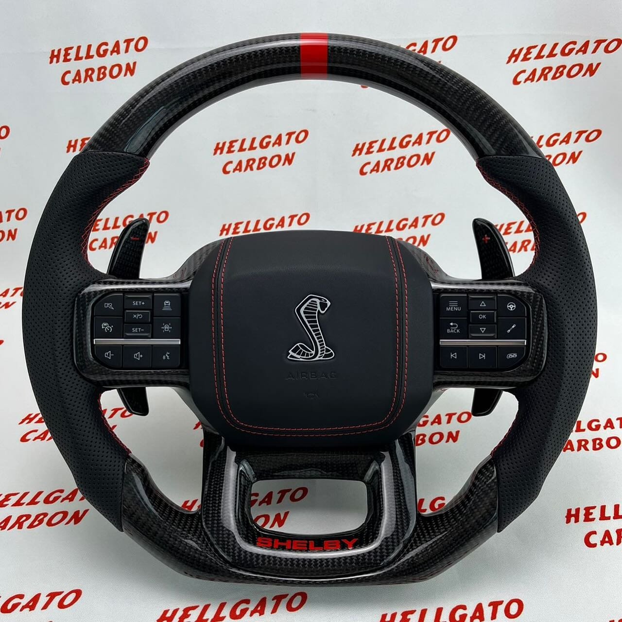 2021+ Ford F-150 Shelby Raptor Custom Gloss Black Carbon Fiber Steering Wheel | OEM Flat Bottom | Shelby Edition