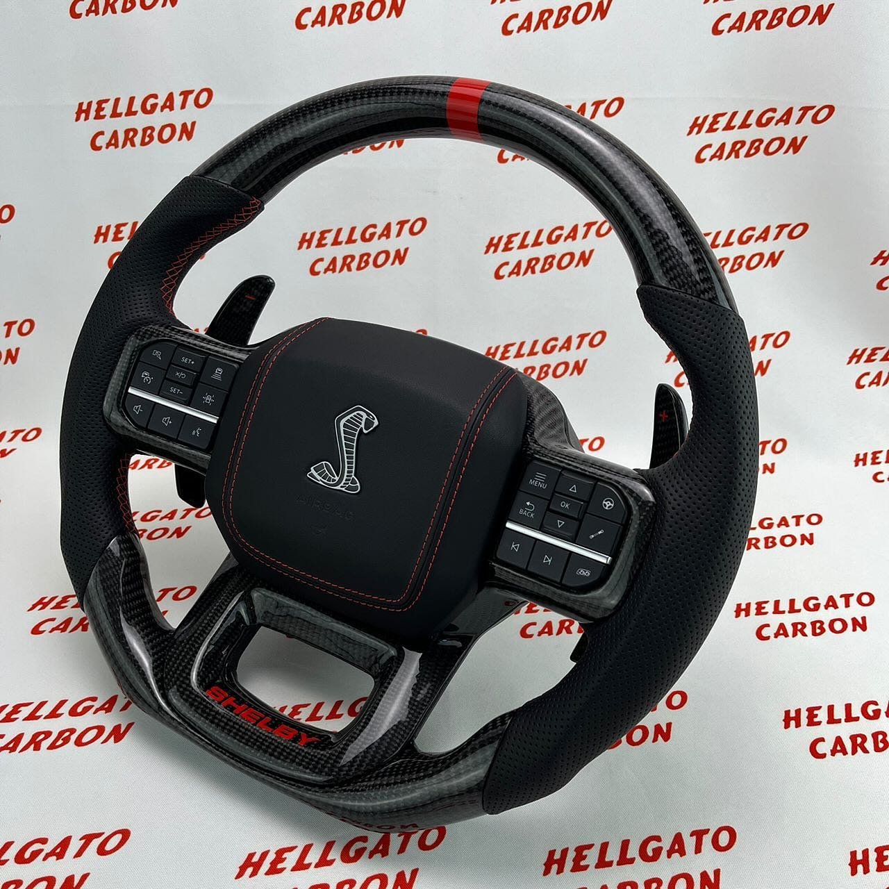 2021+ Ford F-150 Shelby Raptor Custom Gloss Black Carbon Fiber Steering Wheel | OEM Flat Bottom | Shelby Edition - Image 3