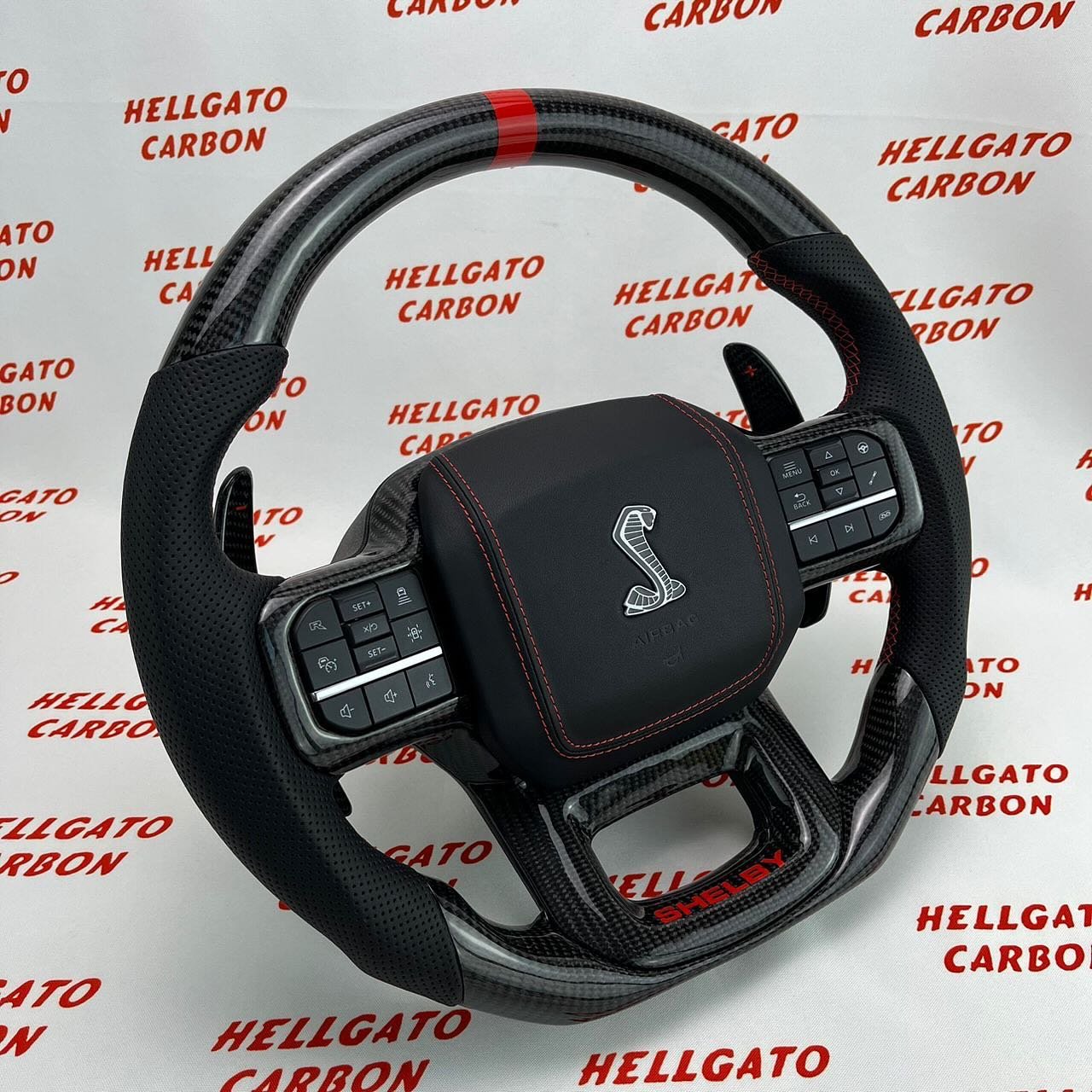 2021+ Ford F-150 Shelby Raptor Custom Gloss Black Carbon Fiber Steering Wheel | OEM Flat Bottom | Shelby Edition - Image 4