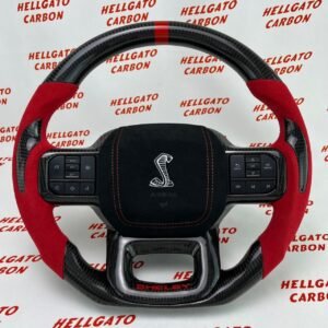 2021+ Ford F-150 Custom Gloss Black Carbon Fiber Steering Wheel | OEM Flat Bottom | Red Italian Alcantara | Shelby Edition