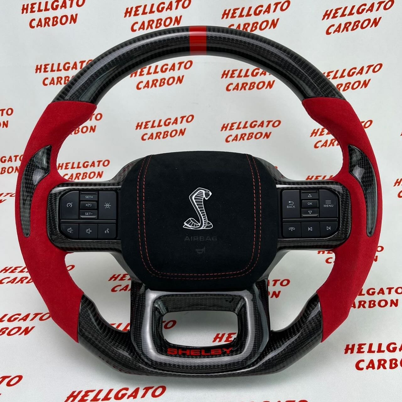 2021+ Ford F-150 Custom Gloss Black Carbon Fiber Steering Wheel | OEM Flat Bottom | Red Italian Alcantara | Shelby Edition