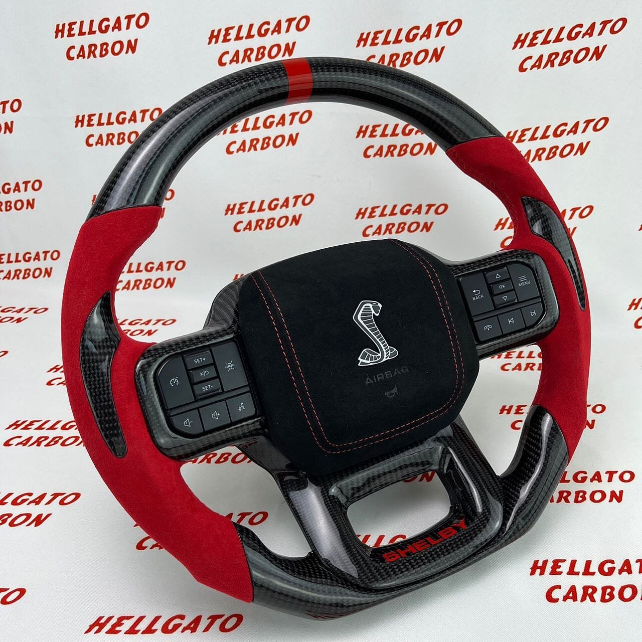 2021+ Ford F-150 Custom Gloss Black Carbon Fiber Steering Wheel | OEM Flat Bottom | Red Italian Alcantara | Shelby Edition - Image 3