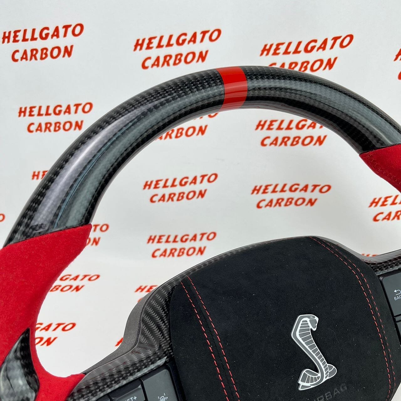 2021+ Ford F-150 Custom Gloss Black Carbon Fiber Steering Wheel | OEM Flat Bottom | Red Italian Alcantara | Shelby Edition - Image 4