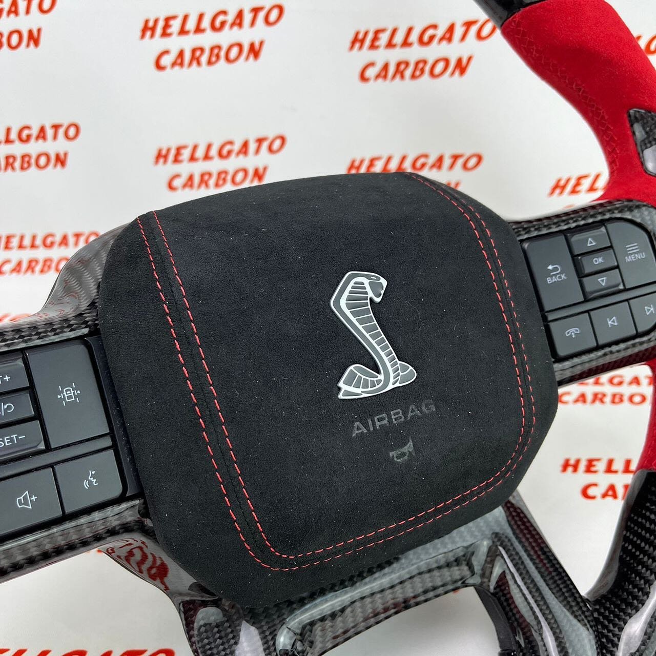 2021+ Ford F-150 Custom Gloss Black Carbon Fiber Steering Wheel | OEM Flat Bottom | Red Italian Alcantara | Shelby Edition - Image 5