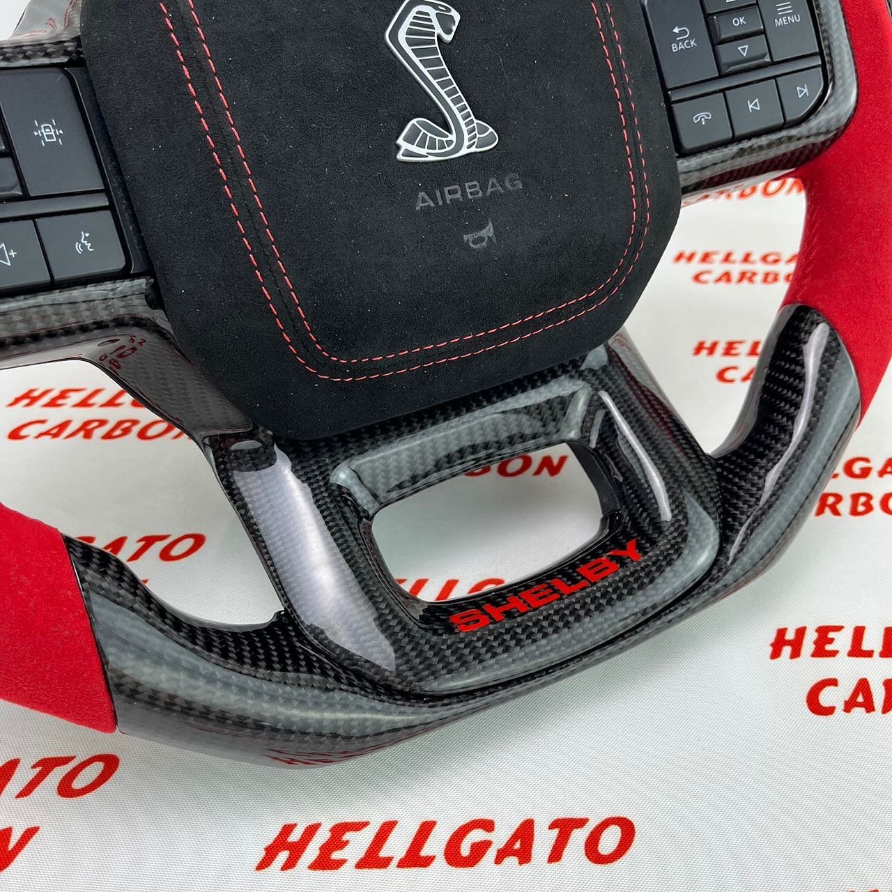 2021+ Ford F-150 Custom Gloss Black Carbon Fiber Steering Wheel | OEM Flat Bottom | Red Italian Alcantara | Shelby Edition - Image 6