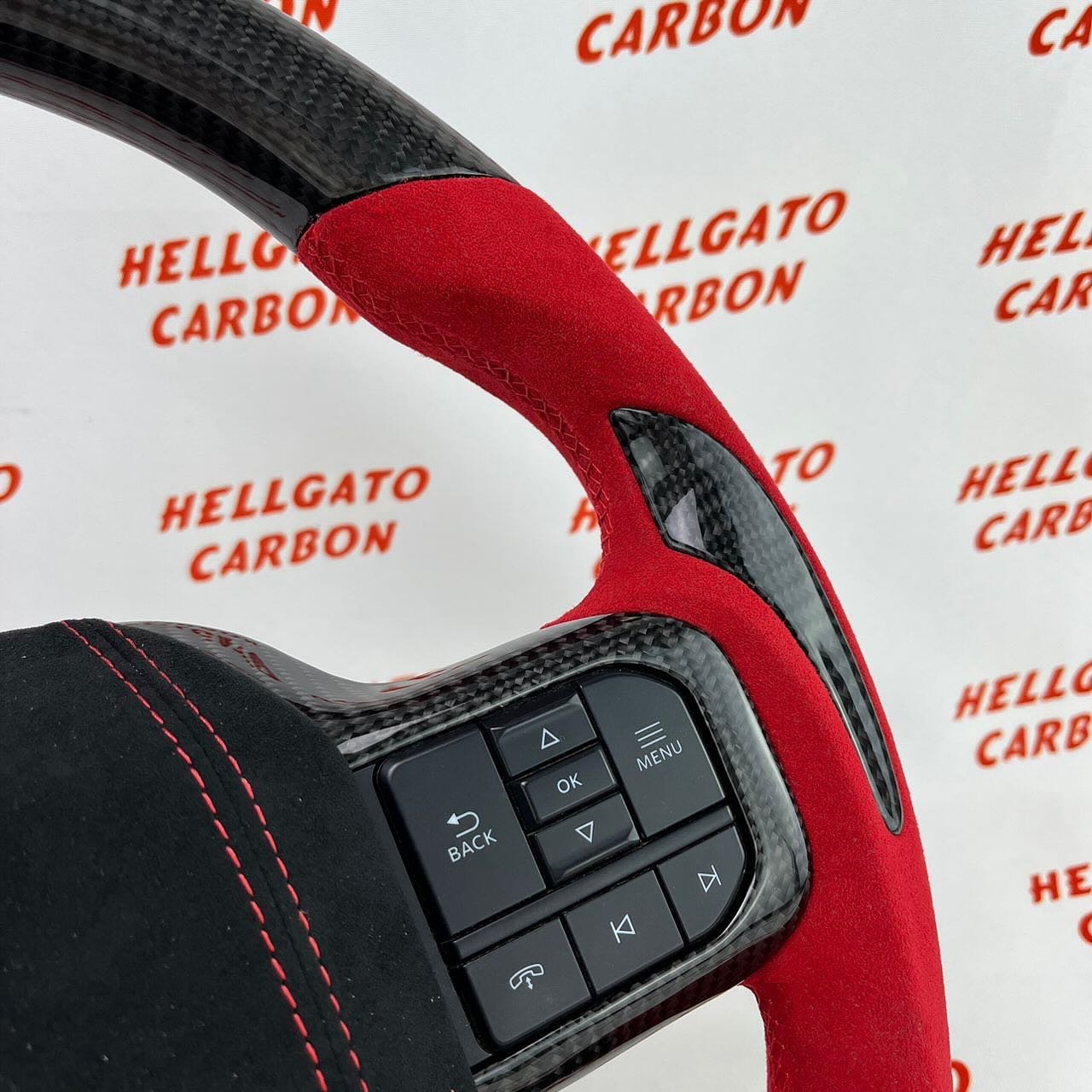2021+ Ford F-150 Custom Gloss Black Carbon Fiber Steering Wheel | OEM Flat Bottom | Red Italian Alcantara | Shelby Edition - Image 7