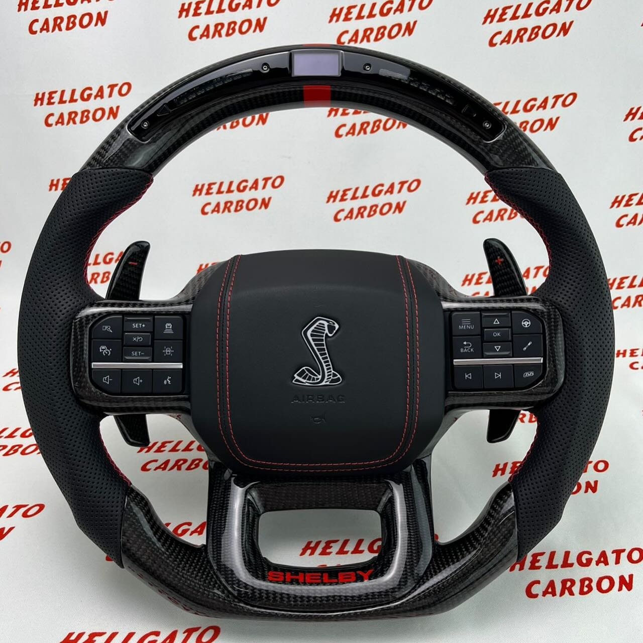 2021+ Ford F-150 Raptor Shelby Custom Gloss Black Carbon Fiber Steering Wheel | OEM Flat Bottom | LED Shift Lights | Shelby Edition - Image 2