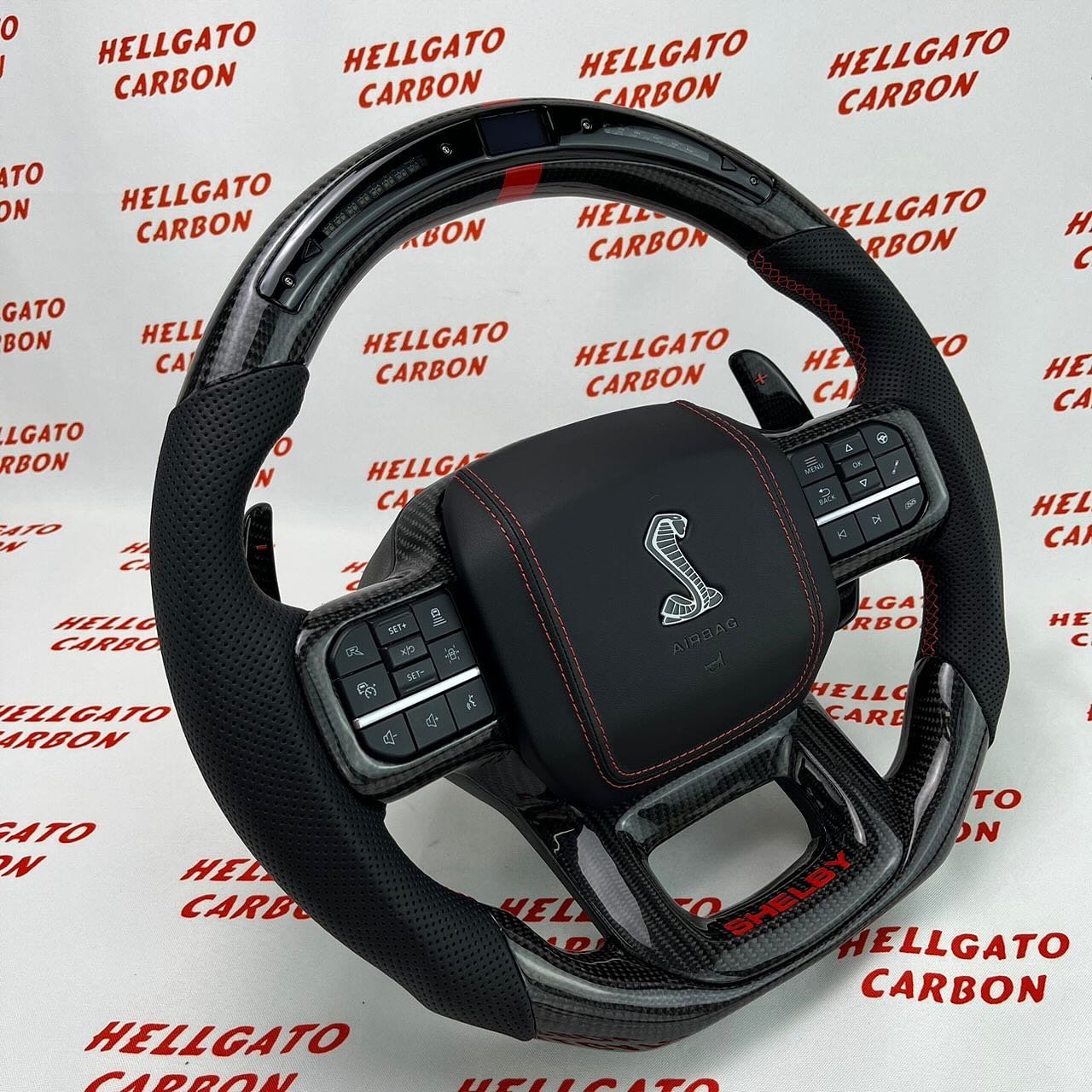 2021+ Ford F-150 Raptor Shelby Custom Gloss Black Carbon Fiber Steering Wheel | OEM Flat Bottom | LED Shift Lights | Shelby Edition - Image 4
