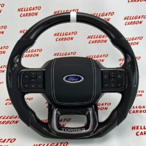 2021+ Ford F-150 Custom Gloss Black Carbon Fiber Steering Wheel | Genuine OEM Flat Bottom | White Stitching | Custom Logo