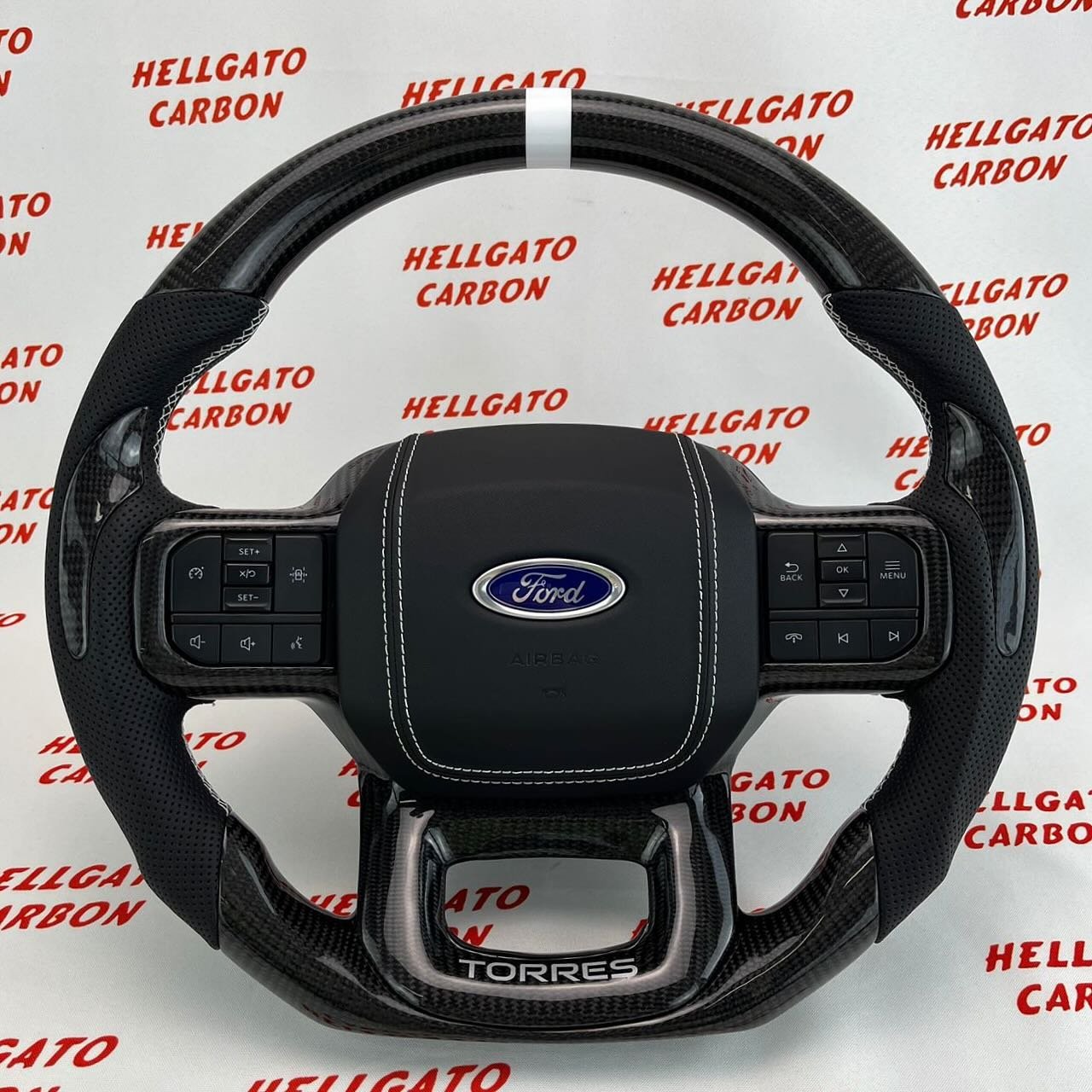 2021+ Ford F-150 Custom Gloss Black Carbon Fiber Steering Wheel | Genuine OEM Flat Bottom | White Stitching | Custom Logo
