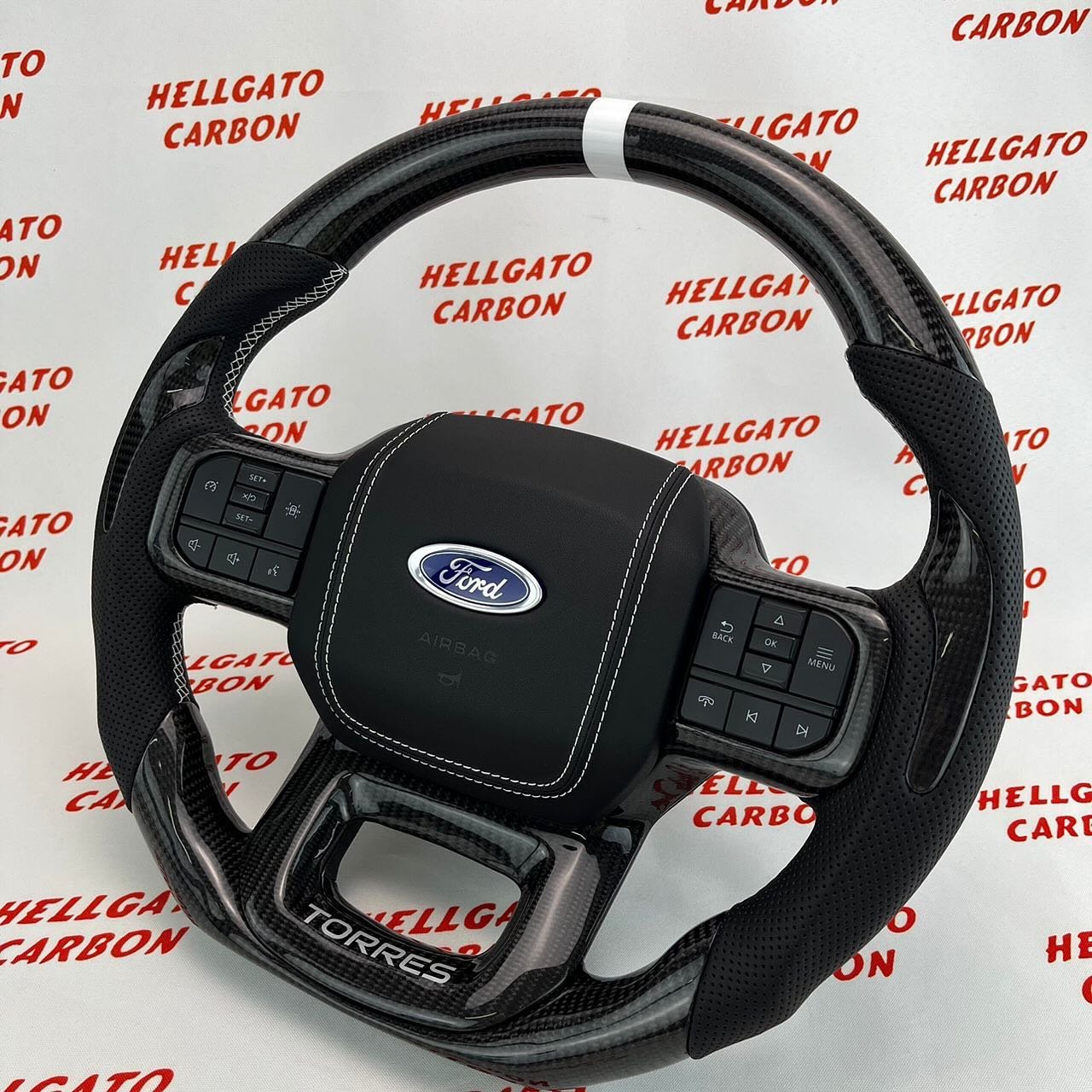 2021+ Ford F-150 Custom Gloss Black Carbon Fiber Steering Wheel | Genuine OEM Flat Bottom | White Stitching | Custom Logo - Image 2