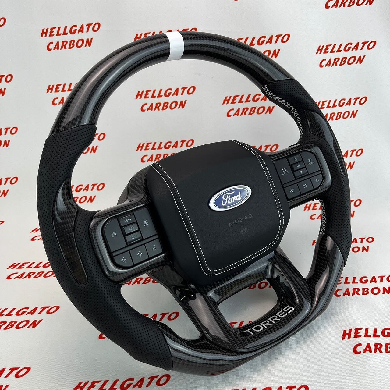 2021+ Ford F-150 Custom Gloss Black Carbon Fiber Steering Wheel | Genuine OEM Flat Bottom | White Stitching | Custom Logo - Image 3