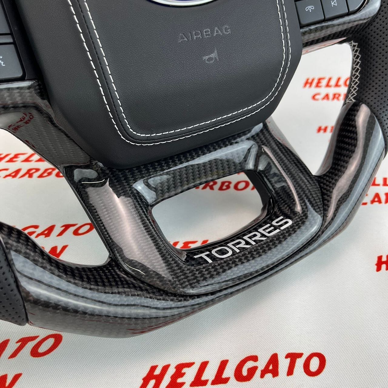 2021+ Ford F-150 Custom Gloss Black Carbon Fiber Steering Wheel | Genuine OEM Flat Bottom | White Stitching | Custom Logo - Image 6