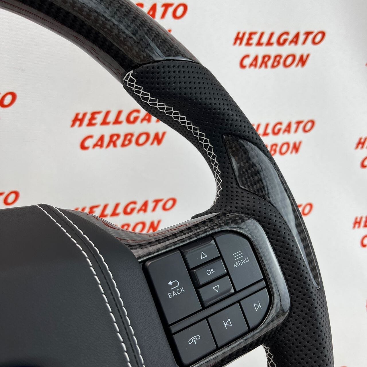 2021+ Ford F-150 Custom Gloss Black Carbon Fiber Steering Wheel | Genuine OEM Flat Bottom | White Stitching | Custom Logo - Image 7