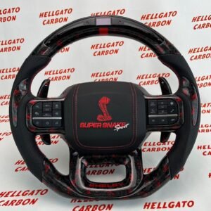2021+ Ford F-150 Shelby Raptor Custom Red Forged Carbon Fiber Steering Wheel | OEM Flat Bottom | LED Shift Lights | Super Snake Shelby Edition