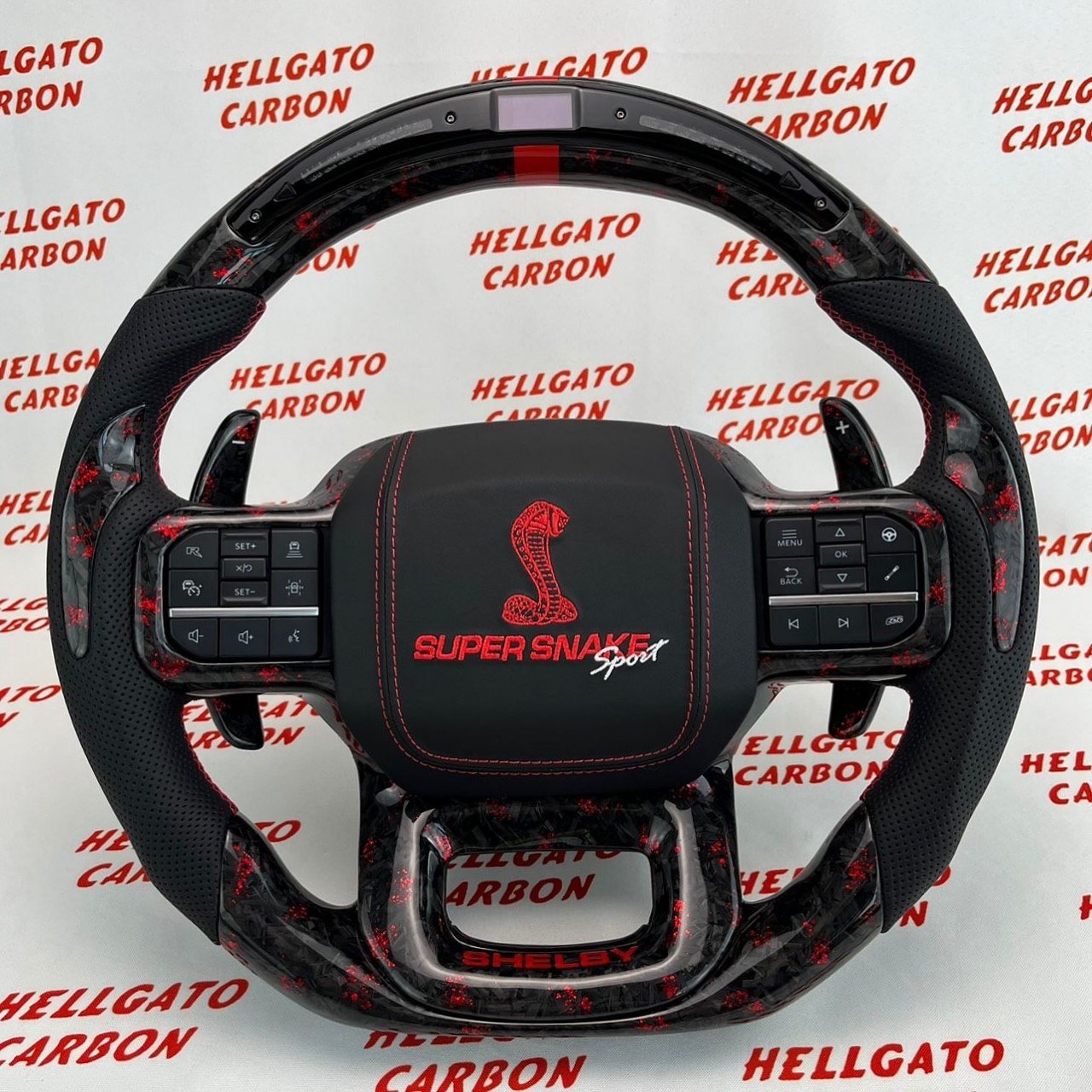 2021+ Ford F-150 Shelby Raptor Custom Red Forged Carbon Fiber Steering Wheel | OEM Flat Bottom | LED Shift Lights | Super Snake Shelby Edition