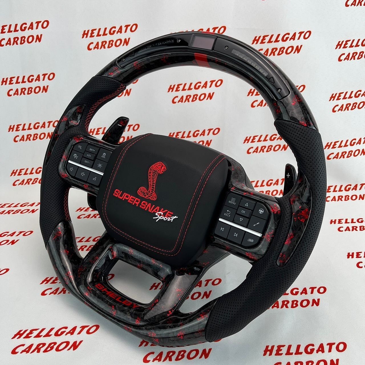 2021+ Ford F-150 Shelby Raptor Custom Red Forged Carbon Fiber Steering Wheel | OEM Flat Bottom | LED Shift Lights | Super Snake Shelby Edition - Image 3
