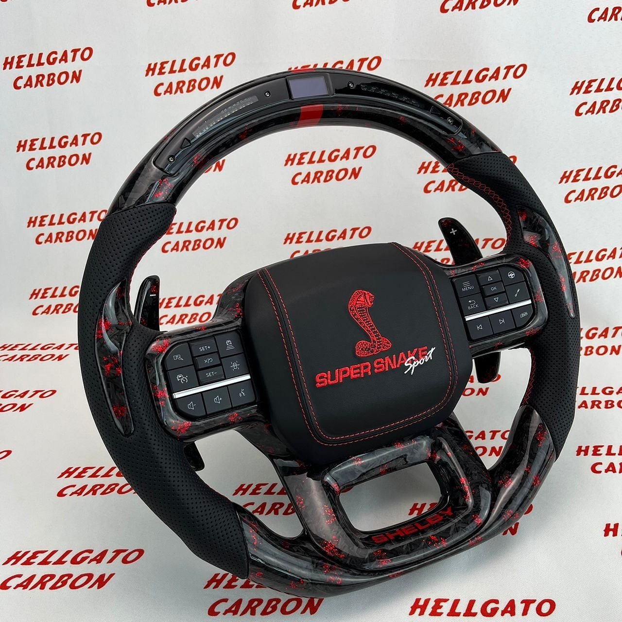 2021+ Ford F-150 Shelby Raptor Custom Red Forged Carbon Fiber Steering Wheel | OEM Flat Bottom | LED Shift Lights | Super Snake Shelby Edition - Image 4