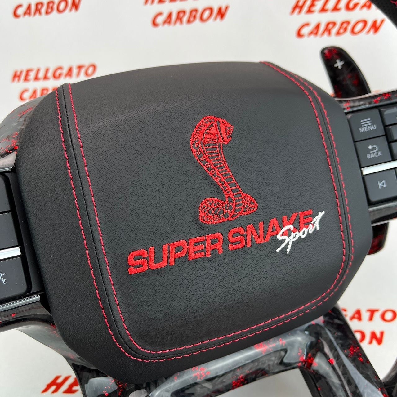 2021+ Ford F-150 Shelby Raptor Custom Red Forged Carbon Fiber Steering Wheel | OEM Flat Bottom | LED Shift Lights | Super Snake Shelby Edition - Image 6