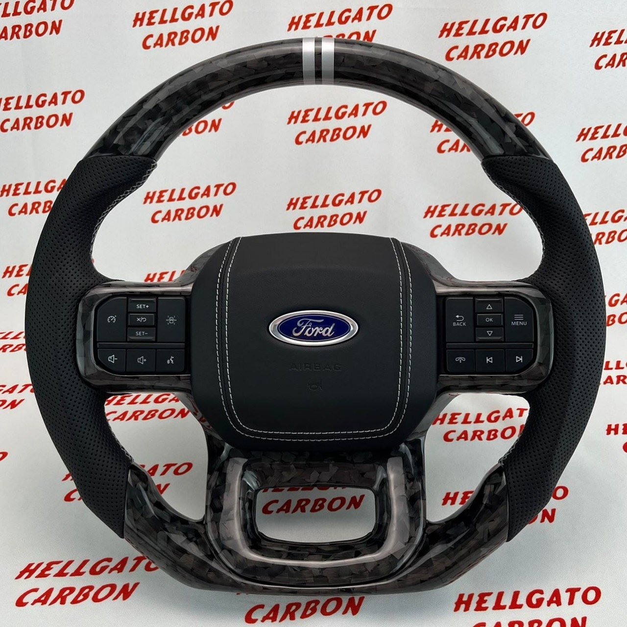 2021+ Ford F-150 Custom Black Forged Carbon Fiber Steering Wheel | Genuine OEM Flat Bottom | Silver Stitching | Dual Center Stripe - Image 2
