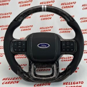 2021+ Ford F-150 Custom Black Forged Carbon Fiber Steering Wheel | Genuine OEM Flat Bottom | Silver Stitching | Dual Center Stripe