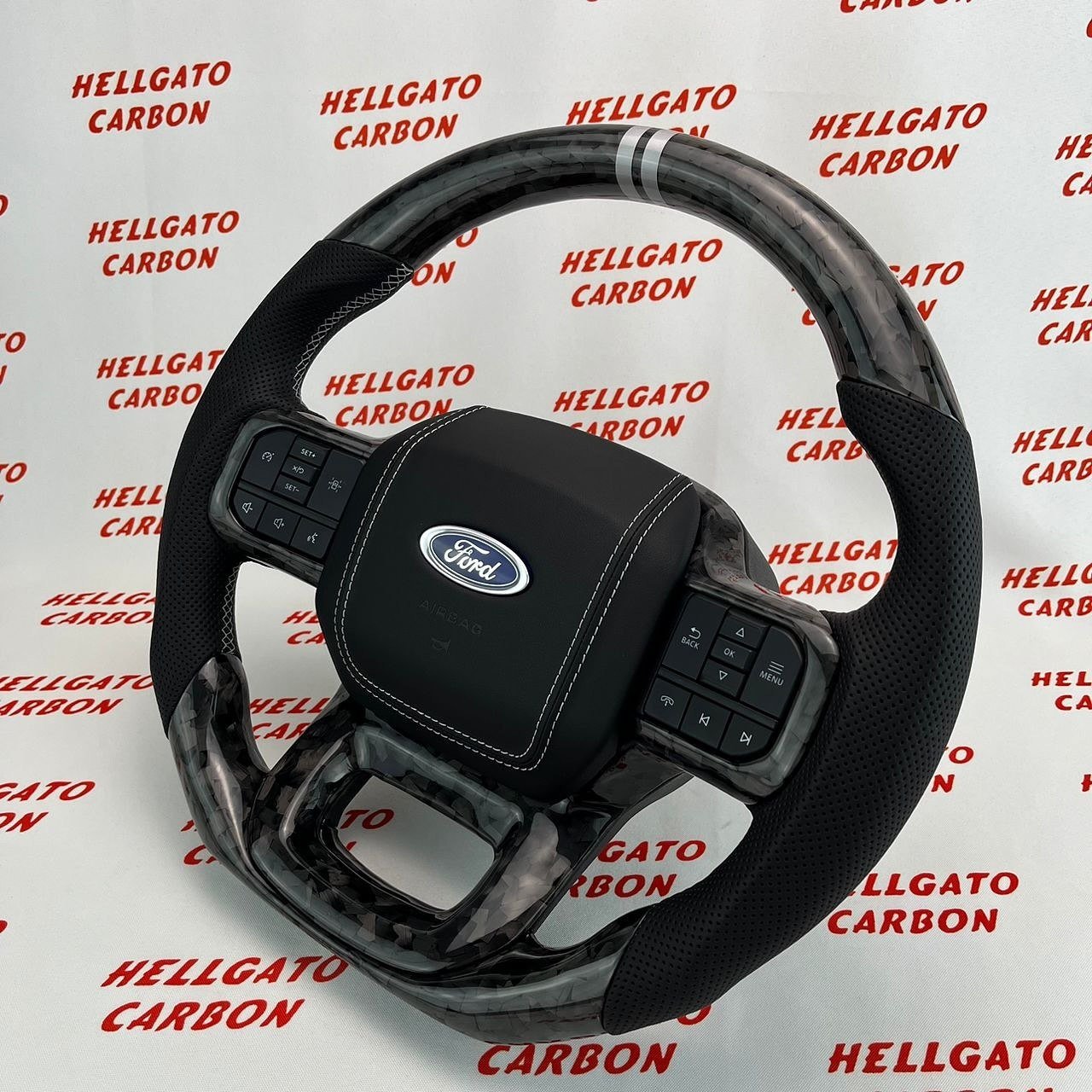 2021+ Ford F-150 Custom Black Forged Carbon Fiber Steering Wheel | Genuine OEM Flat Bottom | Silver Stitching | Dual Center Stripe - Image 3