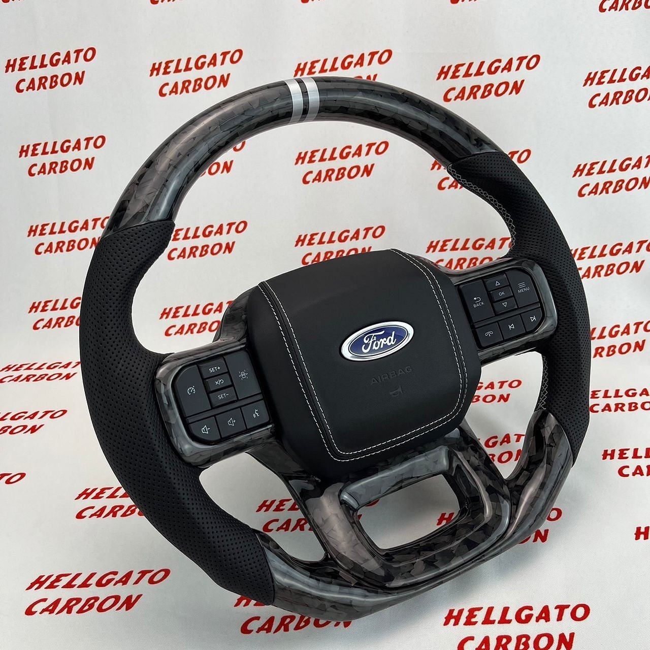 2021+ Ford F-150 Custom Black Forged Carbon Fiber Steering Wheel | Genuine OEM Flat Bottom | Silver Stitching | Dual Center Stripe - Image 4