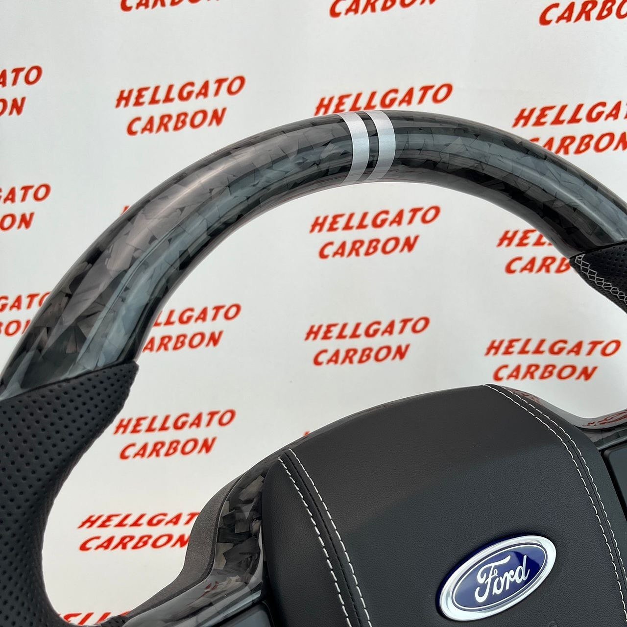 2021+ Ford F-150 Custom Black Forged Carbon Fiber Steering Wheel | Genuine OEM Flat Bottom | Silver Stitching | Dual Center Stripe - Image 5