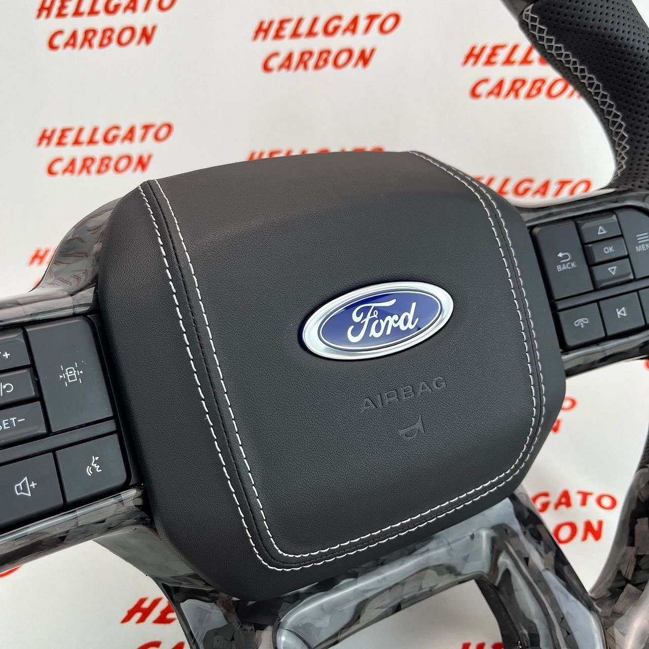 2021+ Ford F-150 Custom Black Forged Carbon Fiber Steering Wheel | Genuine OEM Flat Bottom | Silver Stitching | Dual Center Stripe - Image 6