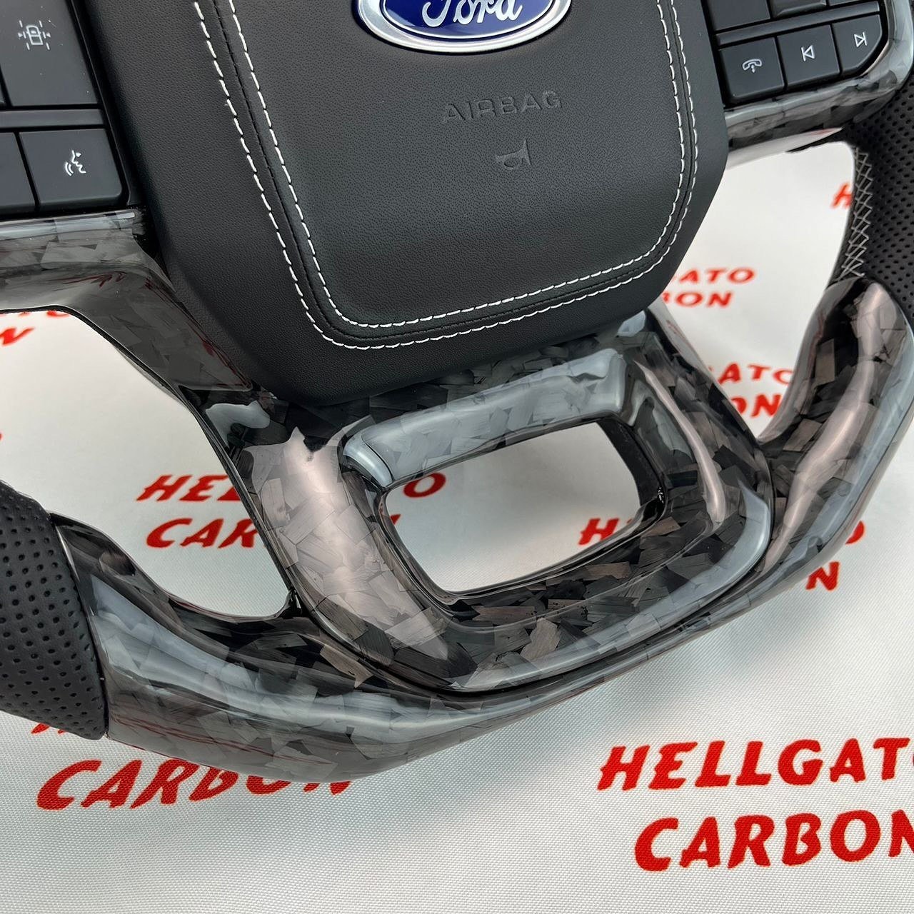 2021+ Ford F-150 Custom Black Forged Carbon Fiber Steering Wheel | Genuine OEM Flat Bottom | Silver Stitching | Dual Center Stripe - Image 7