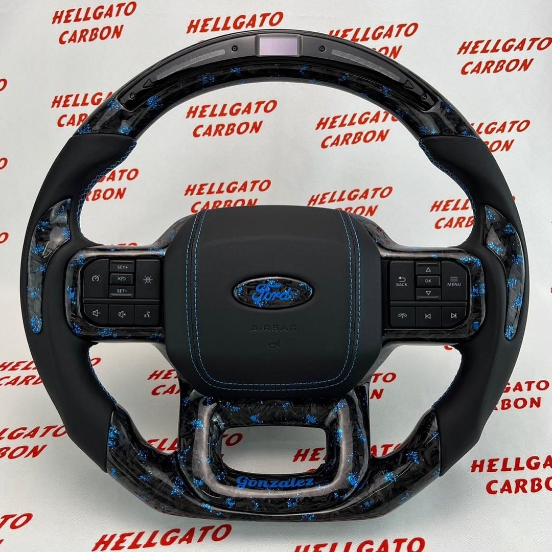 2021+ Ford F-150 Custom Blue Forged Carbon Fiber Steering Wheel | Genuine OEM Flat Bottom | LED Shift Lights | Custom Ford Logo