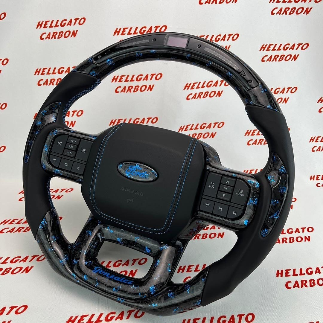 2021+ Ford F-150 Custom Blue Forged Carbon Fiber Steering Wheel | Genuine OEM Flat Bottom | LED Shift Lights | Custom Ford Logo - Image 3