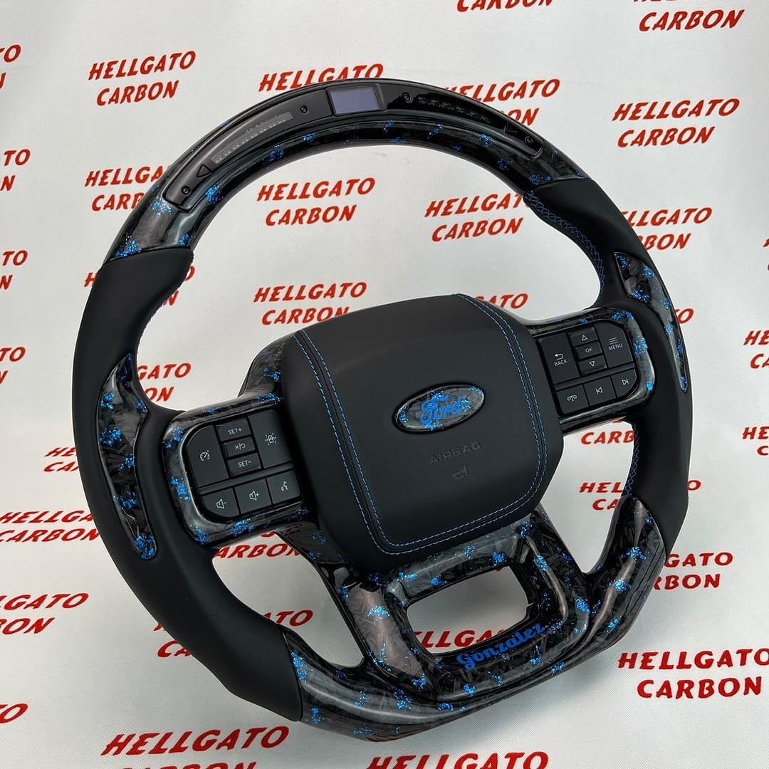 2021+ Ford F-150 Custom Blue Forged Carbon Fiber Steering Wheel | Genuine OEM Flat Bottom | LED Shift Lights | Custom Ford Logo - Image 4